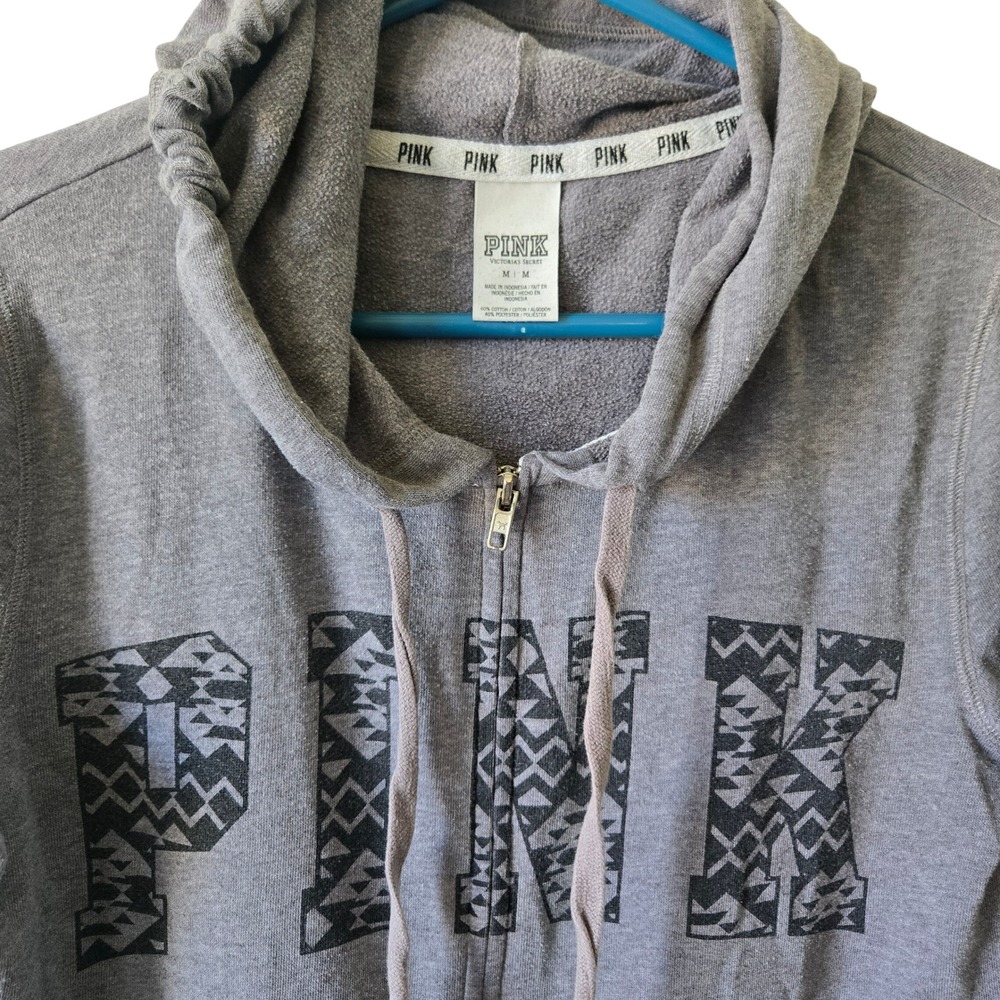 PINK Victoria's Secret Womens Medium Full Zip Hoodie Heather Gray Graphic Logo
